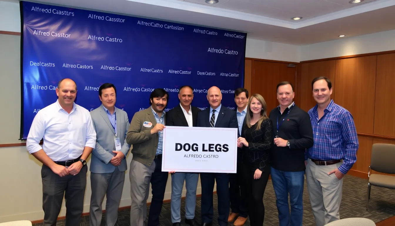 A crowd gathers outside France's Epicentre as news spreads about the acquisition of the film "Dog Legs," directed by Alfredo Castro Pic, with banners promoting the upcoming Cannes Film Festival.