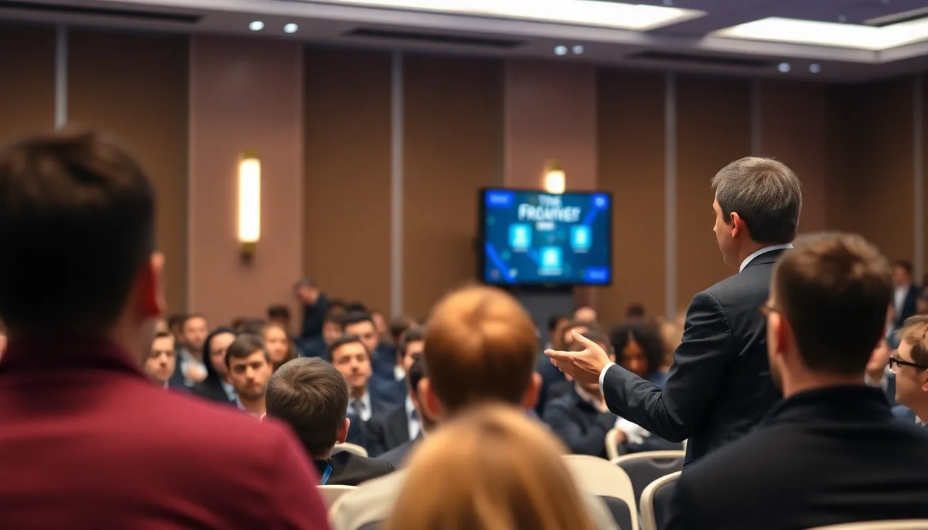 French President Emmanuel Macron speaks at a podium during a public address, addressing the impact of video games on society while a crowd of listeners reacts with mixed expressions.