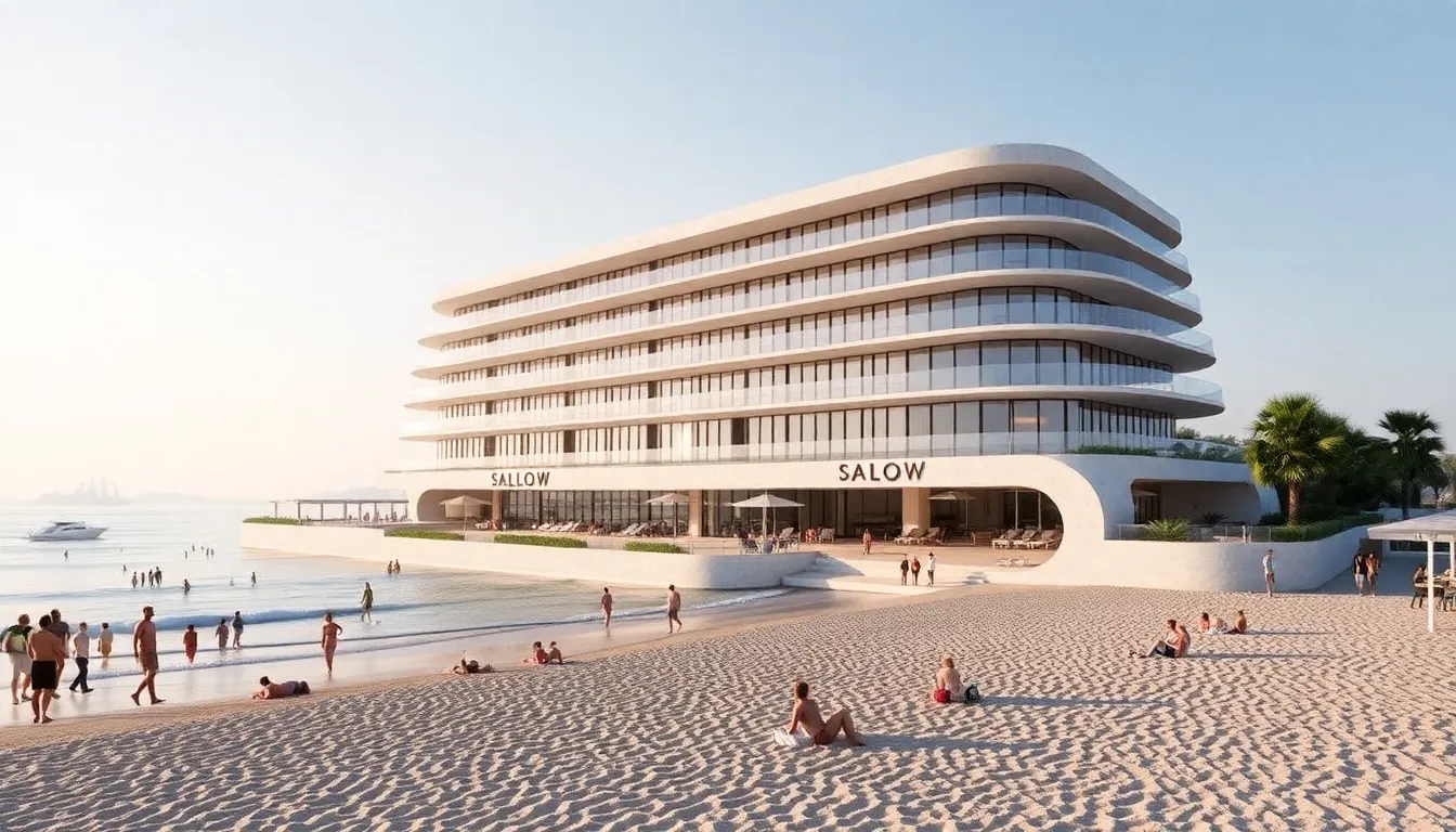 A luxurious hotel with modern architecture overlooks the Mediterranean Sea in the French Riviera, surrounded by lush greenery and vibrant flowers, as preparations for its grand opening in June 2024 are underway.