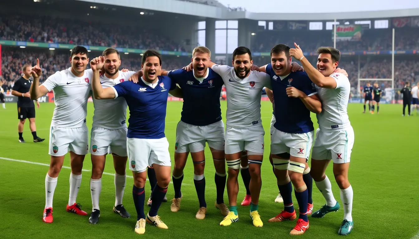 French players celebrate their victory on the field after defeating Wales 3610 in the Six Nations Championship match at Stade de France.