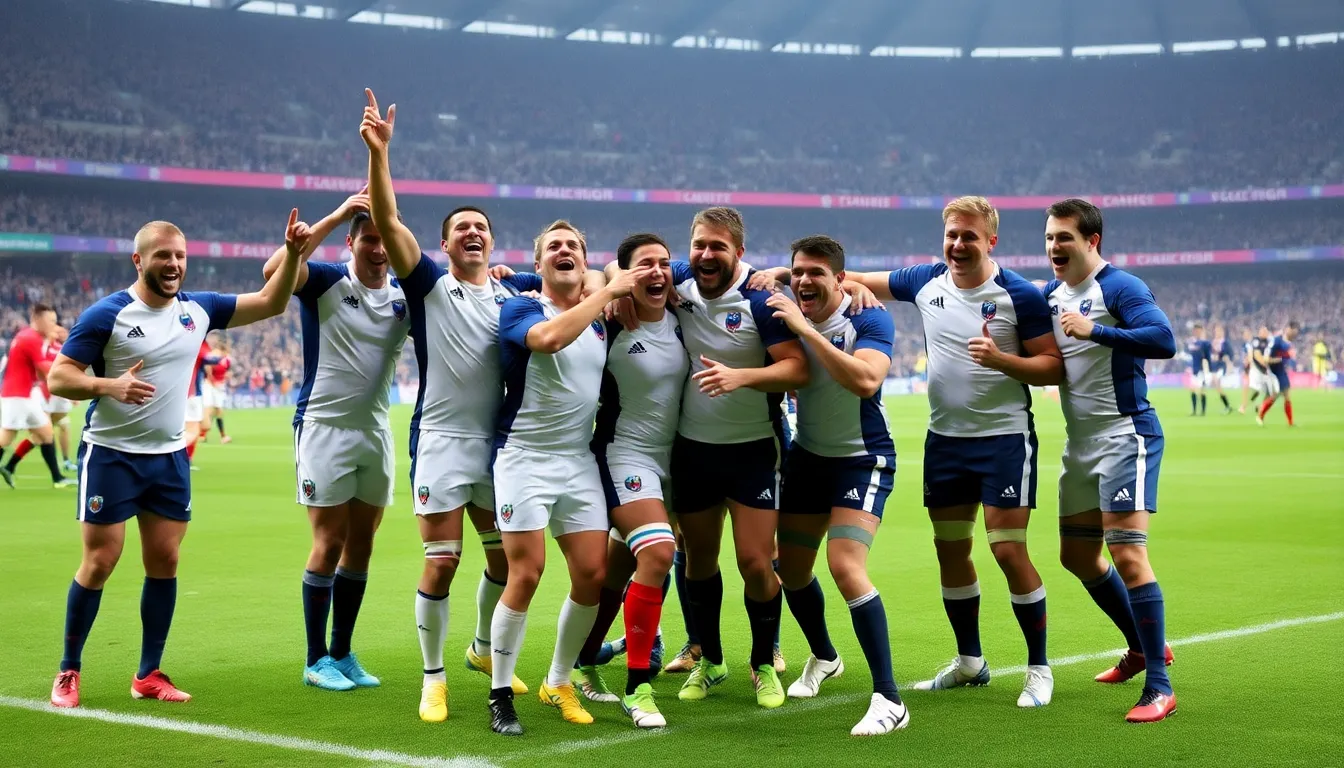ラグビーボールを持ったフランスの選手がウェールズの選手と激しく競り合う瞬間の様子