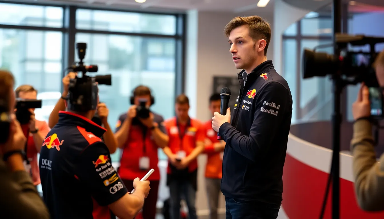 F1のレース中に他のチームと競り合うレッドブルの車両の迫力ある走行シーン
