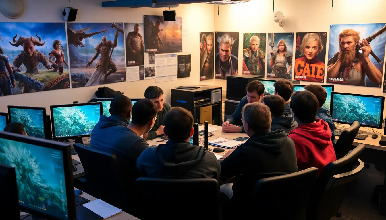 A group of gamers is gathered around a table, intently discussing potential clues about the next setting for the God of War series, with laptops and notes scattered around them.