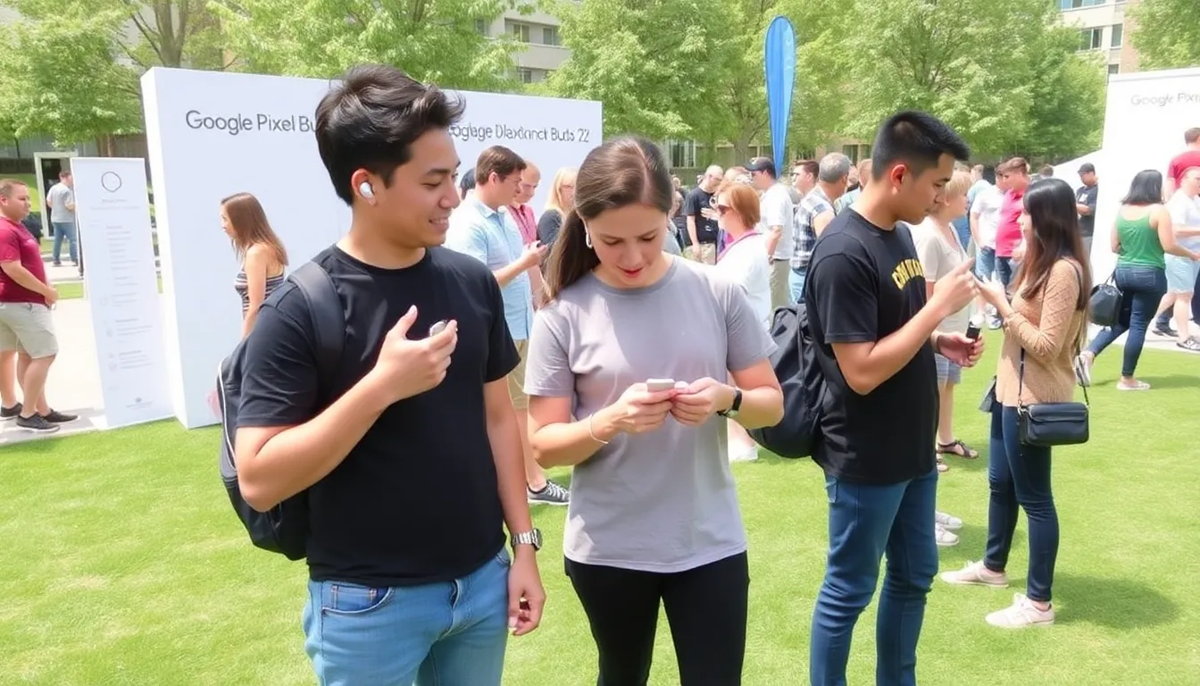A person is testing the new Google Pixel Buds 2a in a bustling urban environment, showcasing their sleek design and wireless functionality while enjoying music on a sunny day.