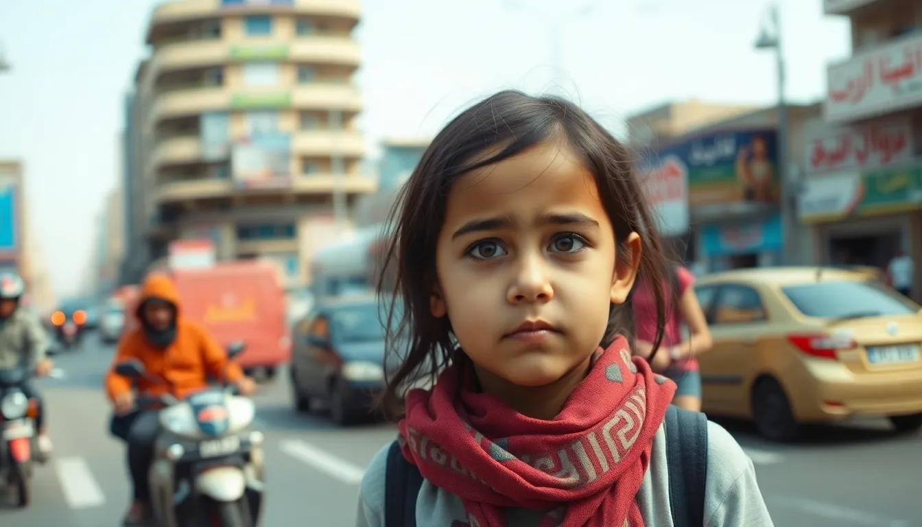 A young girl stands in a crowded Cairo street, her expression reflecting the weight of familial expectations and societal challenges as she navigates her surroundings.