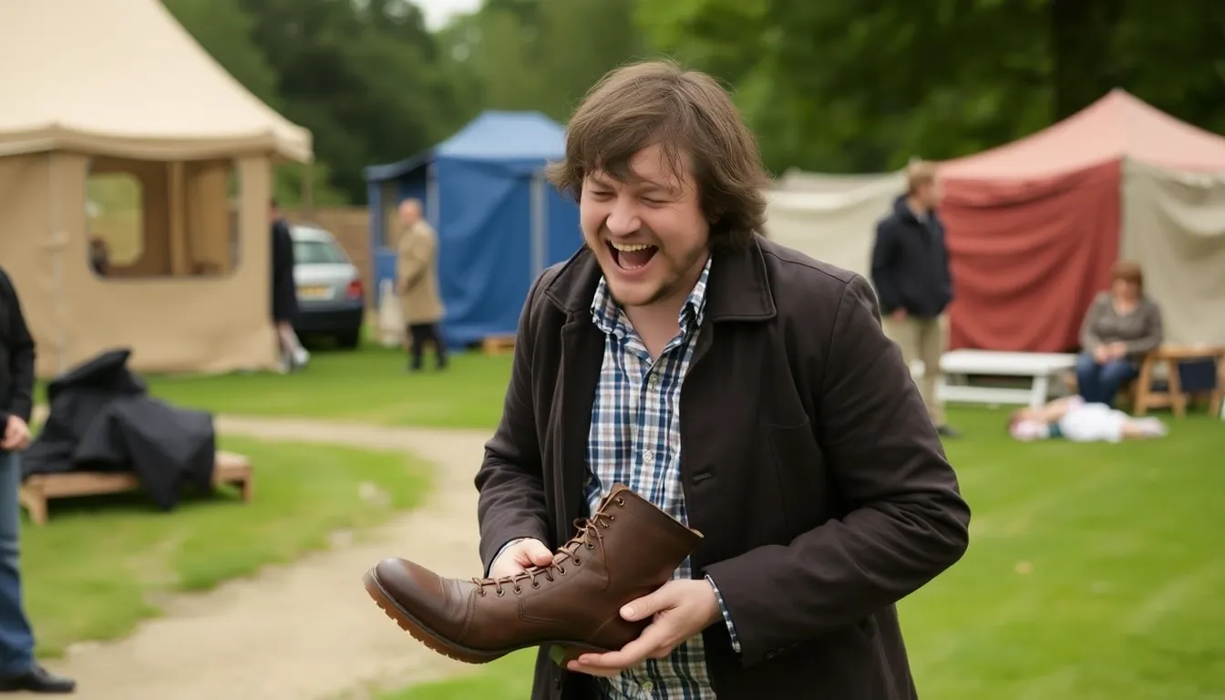 Harry Melling speaks animatedly during an interview about his role in the upcoming film Pillion, surrounded by promotional posters and a camera crew.