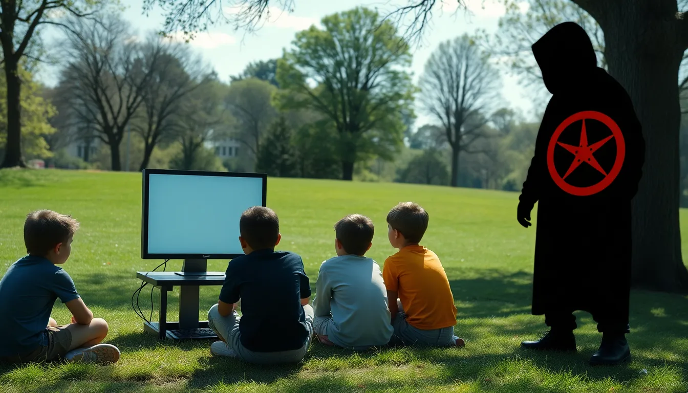 A group of young gamers sits together in a dimly lit room, focused on their screens as they engage in an online multiplayer game, unaware of the potential dangers of extremist content lurking in their virtual environment.