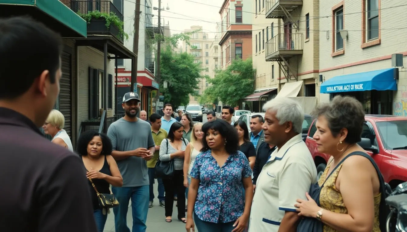 A diverse group of neighbors gathers in a park, engaging in lively conversation and sharing laughter as they enjoy a sunny afternoon together.