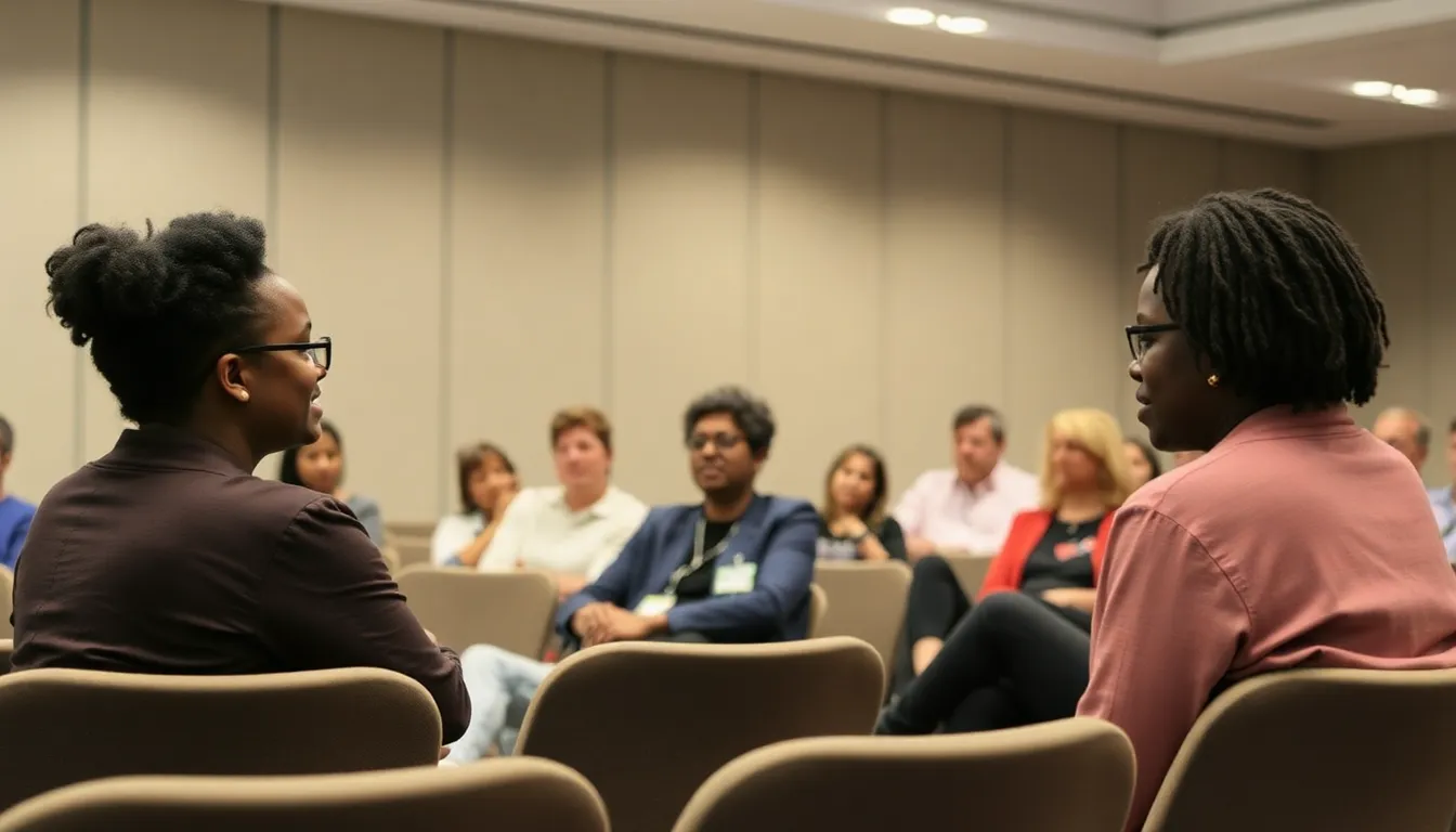 A diverse group of people gathers in a university auditorium, engaged in a lively discussion about Toni Morrison's literary contributions and their relevance to contemporary social issues.