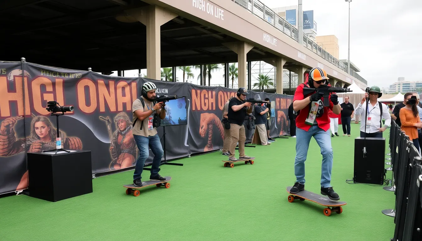 A group of gamers enthusiastically discusses their experiences with High On Life 2 at a gaming convention, surrounded by colorful banners and promotional materials for the game.
