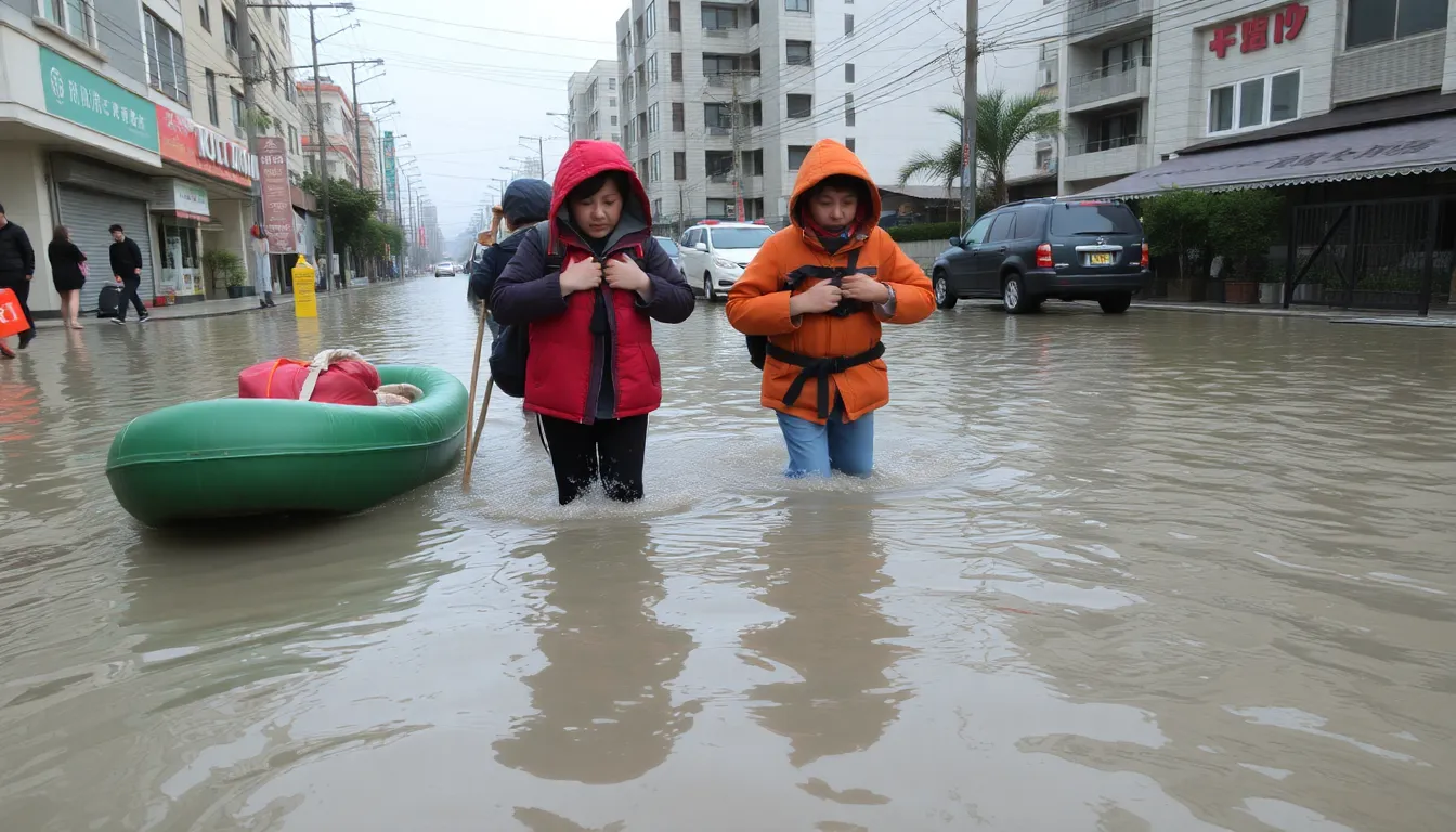 Residents navigate a flooded street in a town affected by severe winter storms, with waterlogged homes and debris visible in the background.