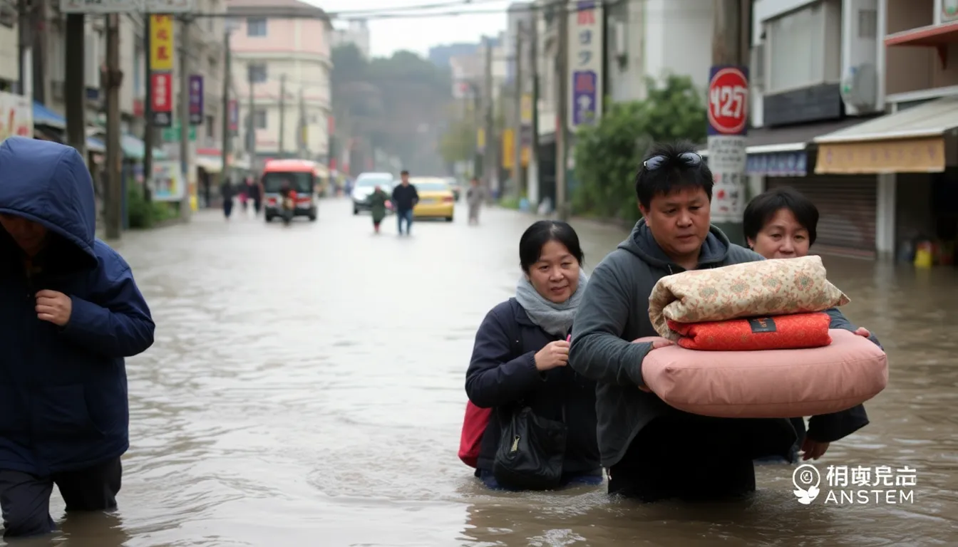 Emergency responders assisting individuals during an evacuation in a floodprone area