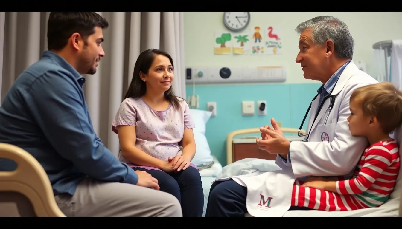 A concerned parent speaks with a healthcare provider in a clinic, highlighting the importance of recognizing childhood cancer symptoms amidst a backdrop of medical charts and equipment.