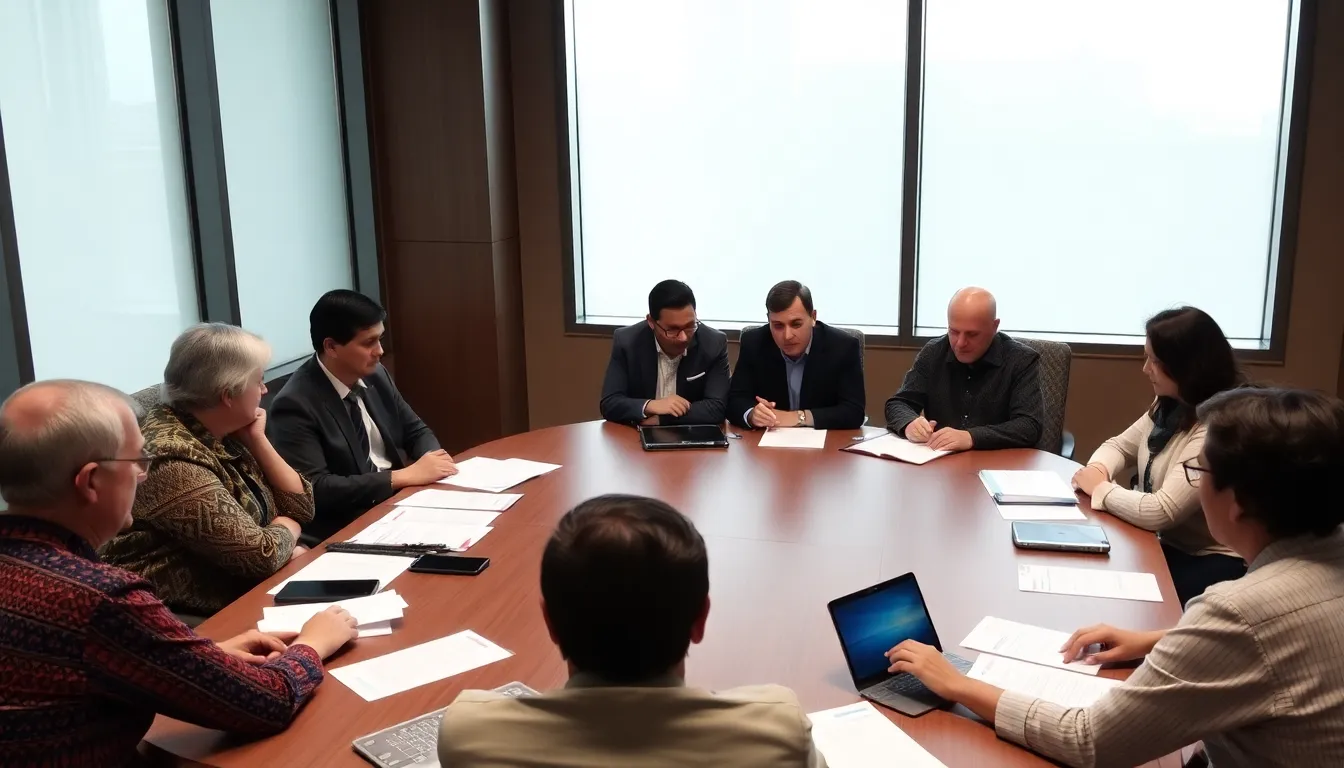 A collaborative meeting takes place between Indigenous health organization representatives and technology experts, discussing innovative strategies for safeguarding health information