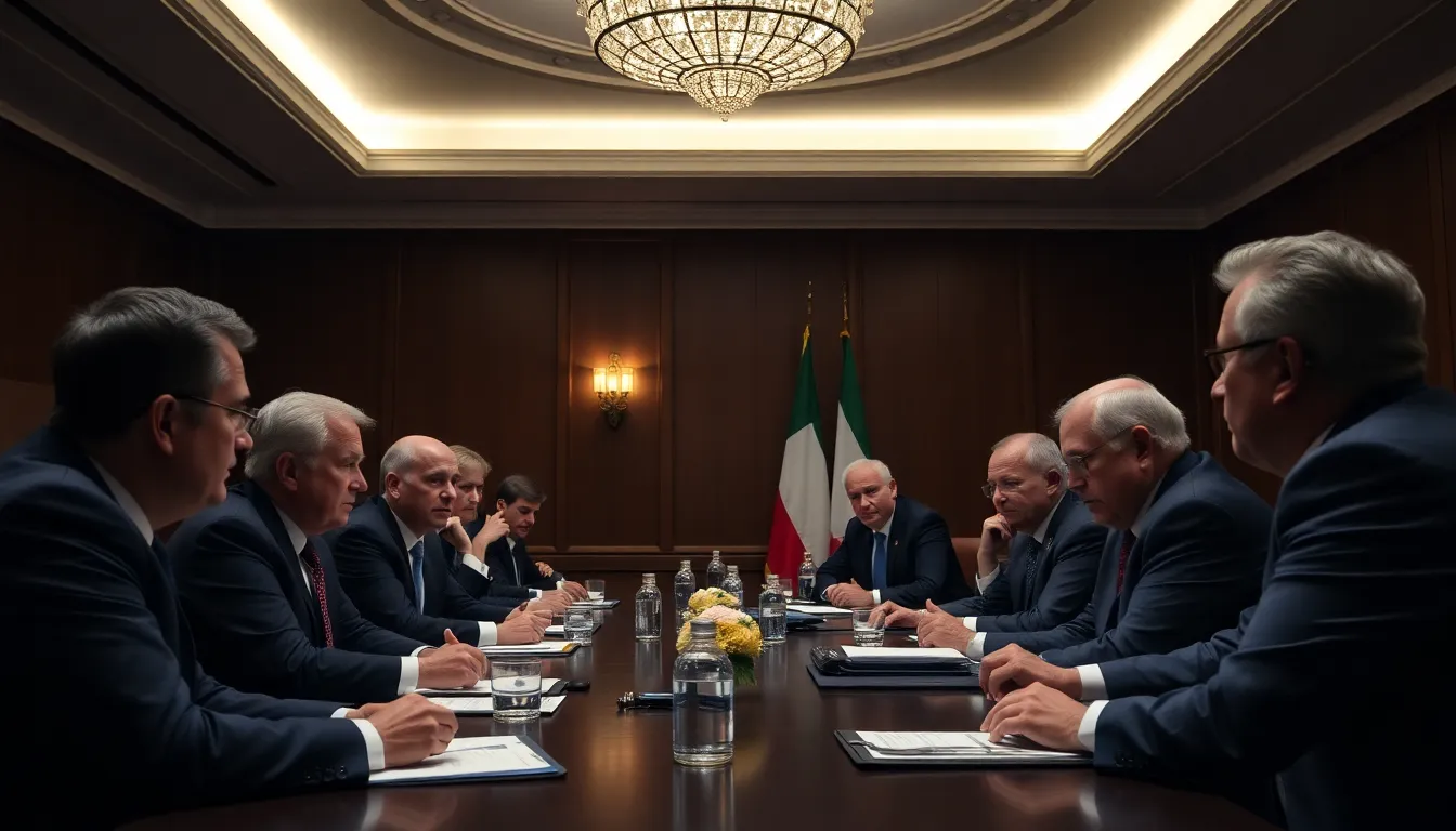 Iranian negotiators engage in discussions in a conference room, surrounded by representatives from various countries, as they seek to resolve disputes over the nuclear agreement.