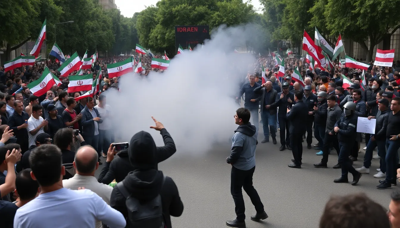 Protesters gather in a crowded street in Tehran, holding signs and chanting slogans demanding political reform amid a heavy police presence.