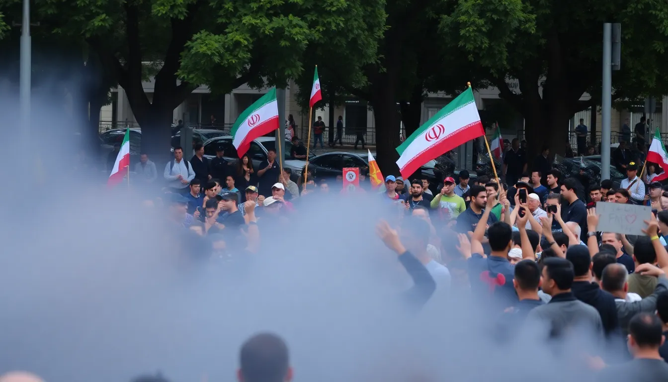 A scene of unrest as security forces engage with demonstrators, utilizing tear gas to disperse the crowd during a protest