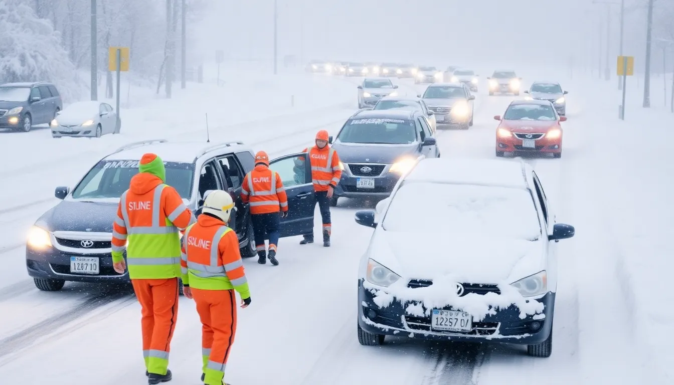 Emergency personnel working tirelessly to assist residents stranded by heavy snowfall and hazardous road conditions