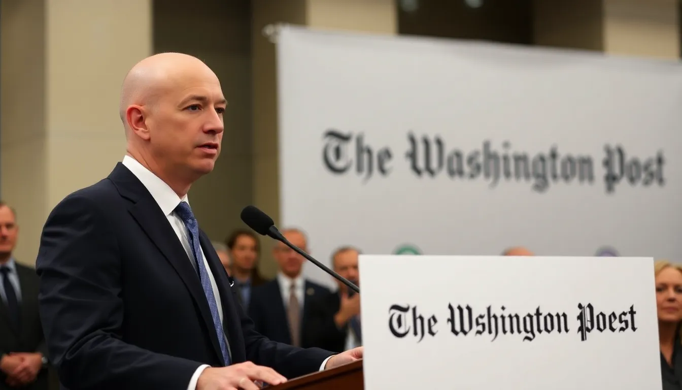 Jeff Bezos speaks at a press conference announcing his acquisition of The Washington Post, surrounded by journalists and media representatives.