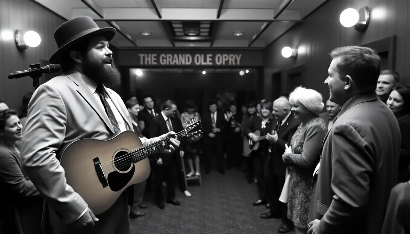 Jelly Roll stands on stage at the Grand Ole Opry, smiling as Lainey Wilson prepares to induct him during a ceremony celebrating his contributions to country music.