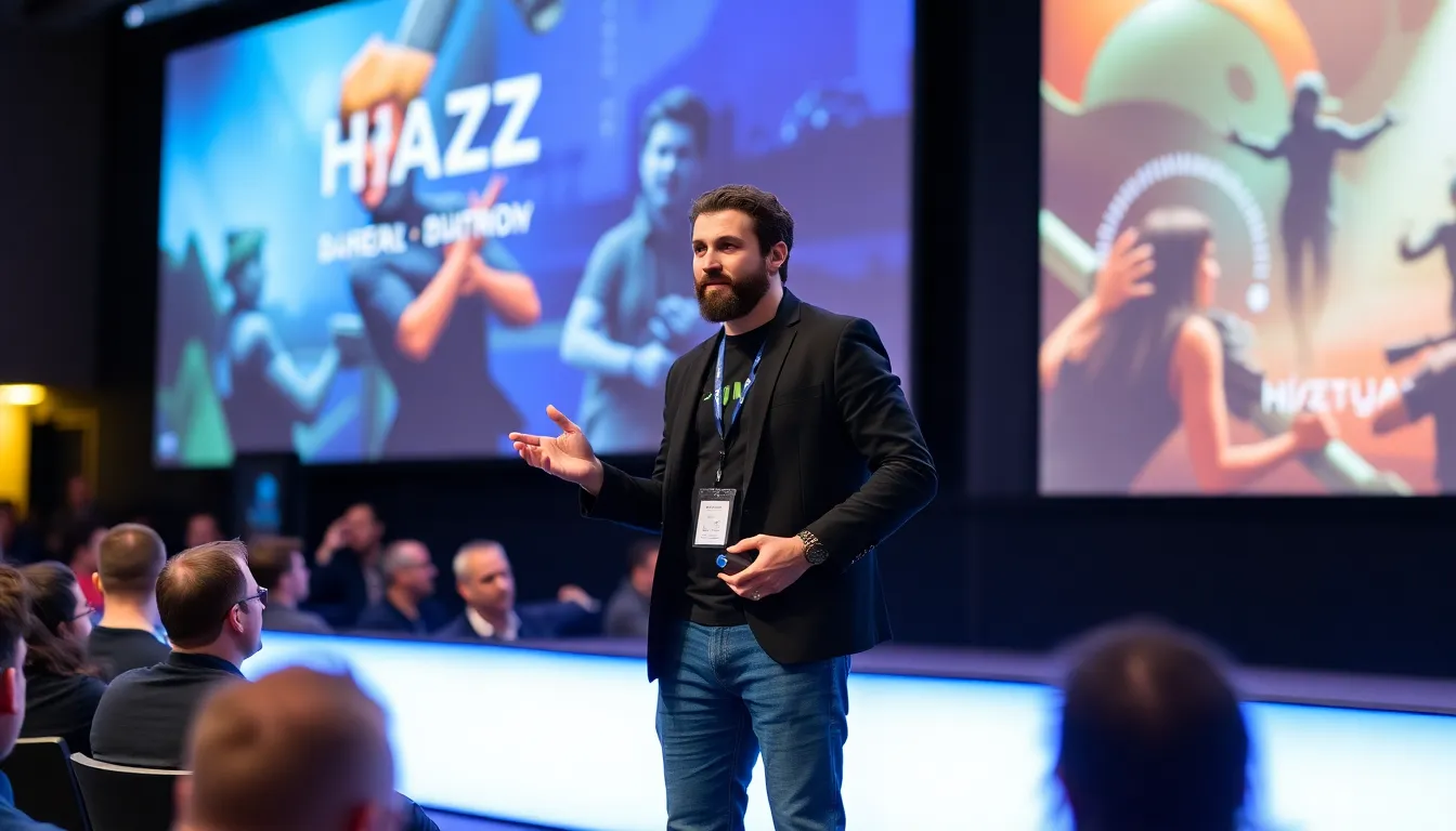 Josef Fares stands on stage, enthusiastically announcing the development of a new game at Hazelight Studios, while a captivated audience listens intently.