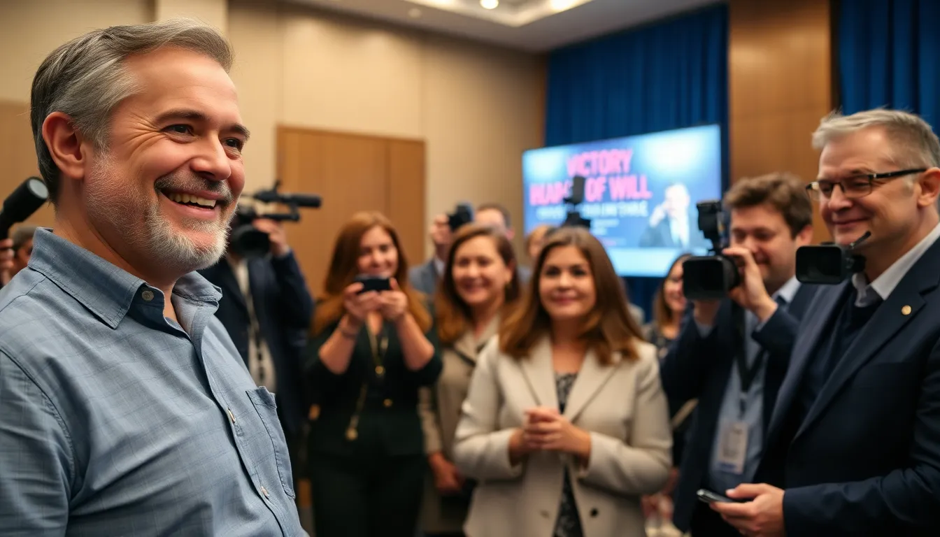 David Kaplan stands confidently at a press conference, announcing his collaboration with actress Shira Haas for the upcoming film Triumph of the Will, while a backdrop featuring the film's title and creative team is visible behind them.