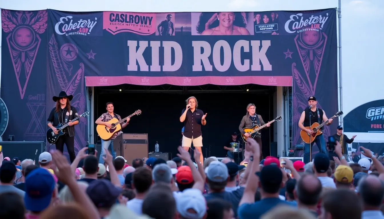 A crowd gathers outside the venue for Kid Rock's MAGA Country Music Festival, with banners and signs reflecting a mix of support and opposition to the event.