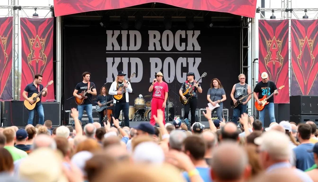 A crowd of enthusiastic country music fans, holding signs and wearing merchandise that reflects their support for Kid Rock and the festival