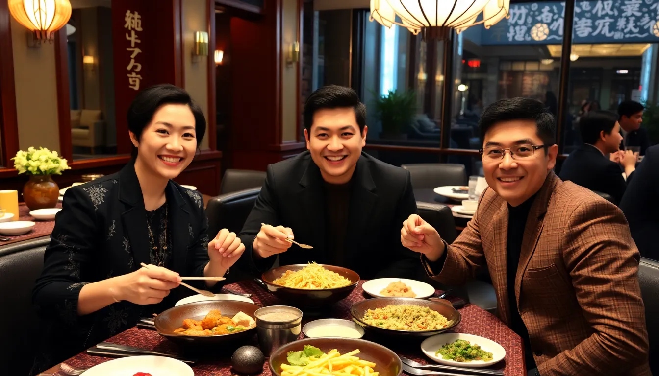 Jiyoung Yoo, Daniel Dae Kim, and Harry Shum Jr. gather at a festive dinner celebrating Lunar New Year, showcasing their support for Asian American representation in the entertainment industry.