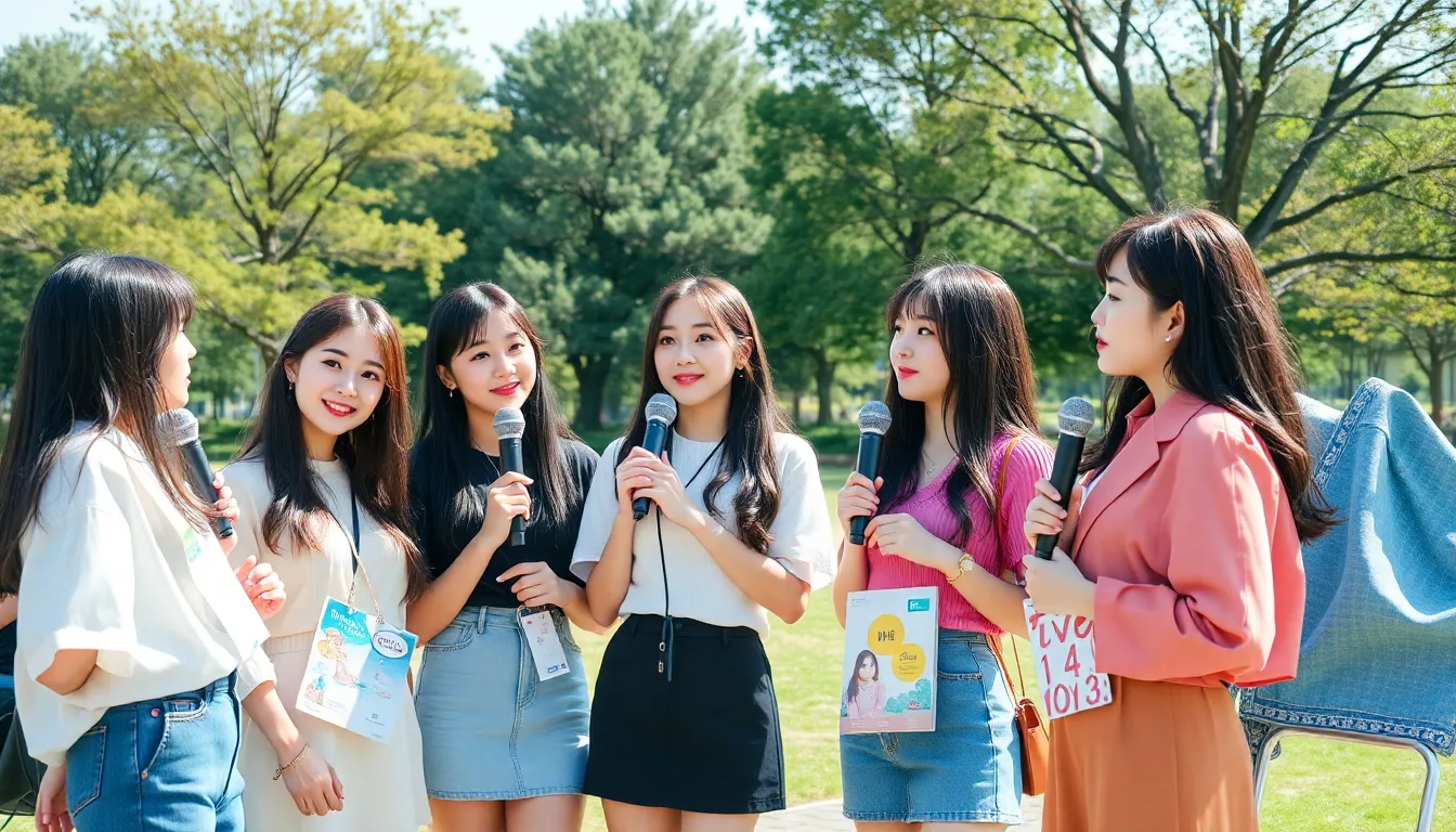 A group of female KPop artists passionately performs on stage, showcasing their unique styles and expressing their individuality to a captivated audience.