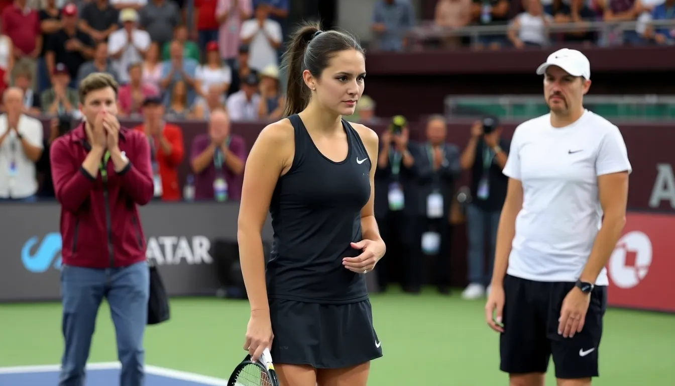 Emma Raducanu is seen walking off the court with a pained expression after retiring from her match at the Qatar Open, while concerned spectators watch from the stands.