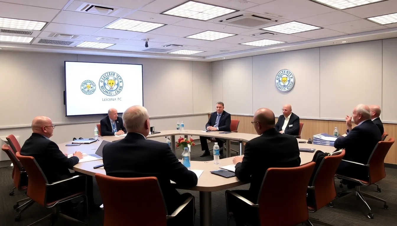 Leicester City Football Club's players and staff gather on the pitch, looking concerned as they discuss the recent sixpoint deduction for financial misconduct announced by the EFL.