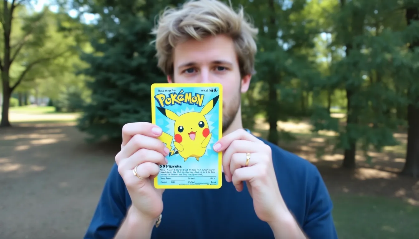 Logan Paul stands on stage, holding the rare Pikachu Illustrator card while addressing an audience about its upcoming sale.