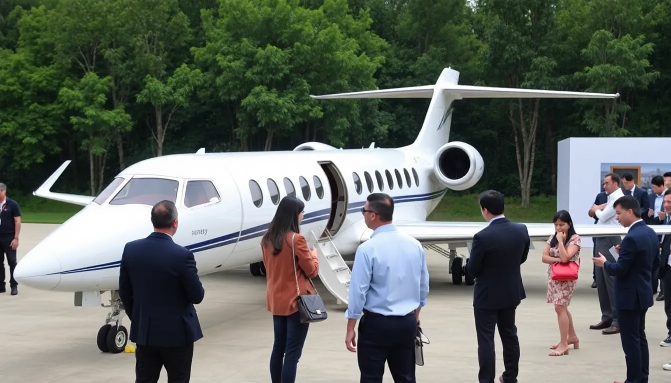 A luxurious private jet is showcased at an aviation expo, highlighting its sleek design and spacious interior, as industry leaders discuss the growing demand for highend travel options among Asia's wealthy elite.