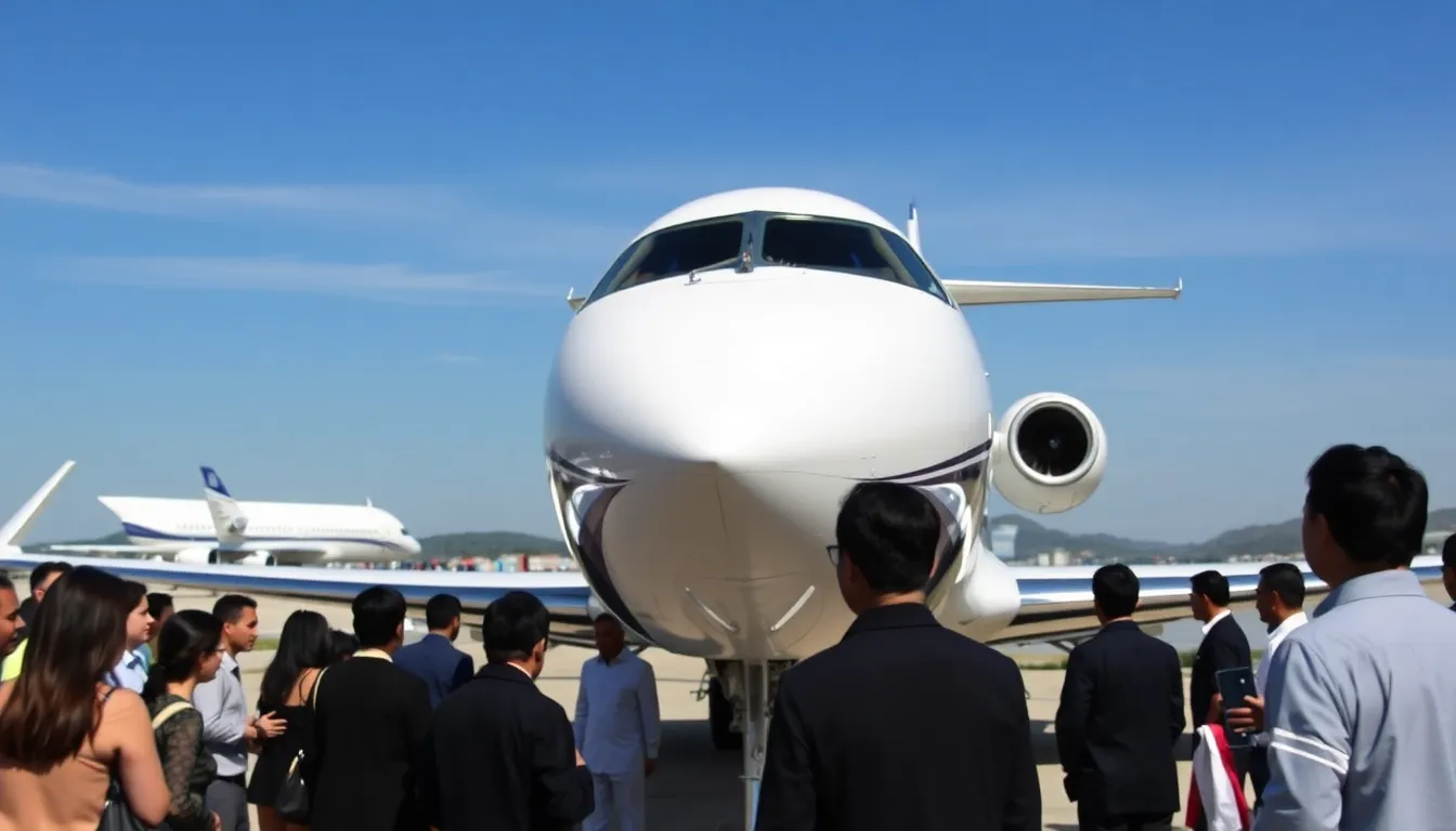 A sleek Bombardier aircraft showcased at an aviation exhibition, highlighting its bespoke features tailored for the Asian elite