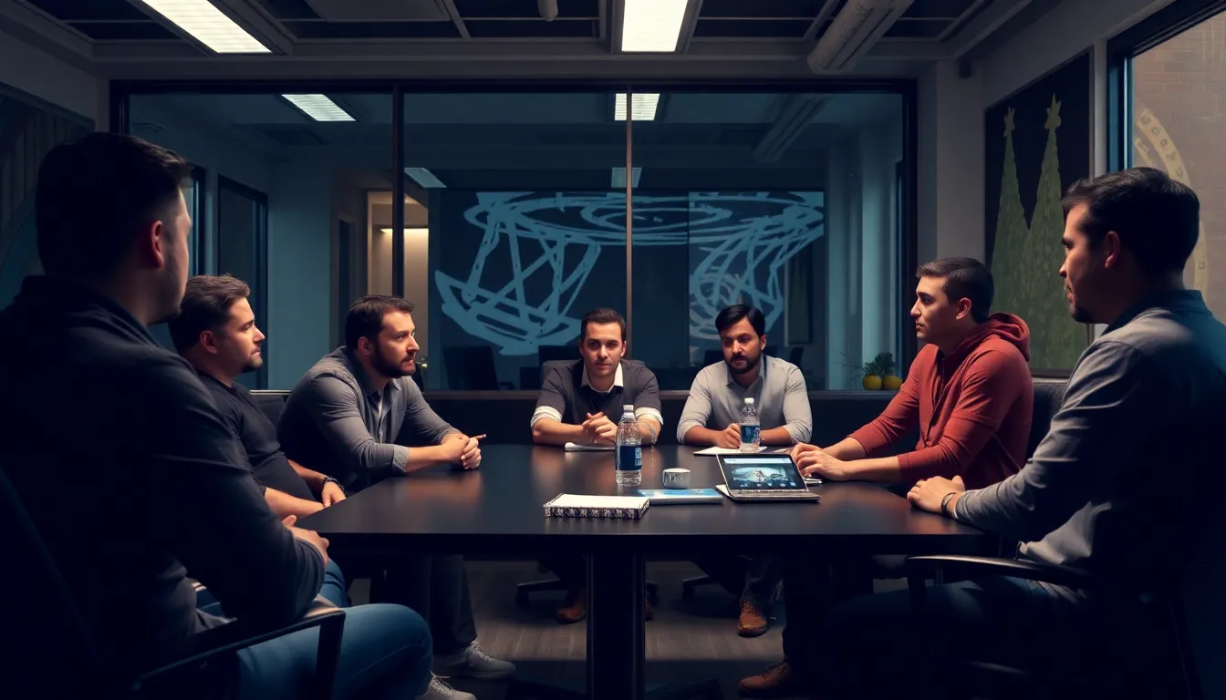 A group of Destiny 2 players discusses the recent announcement of the game's update delay at a gaming convention, with expressions of concern and anticipation on their faces.
