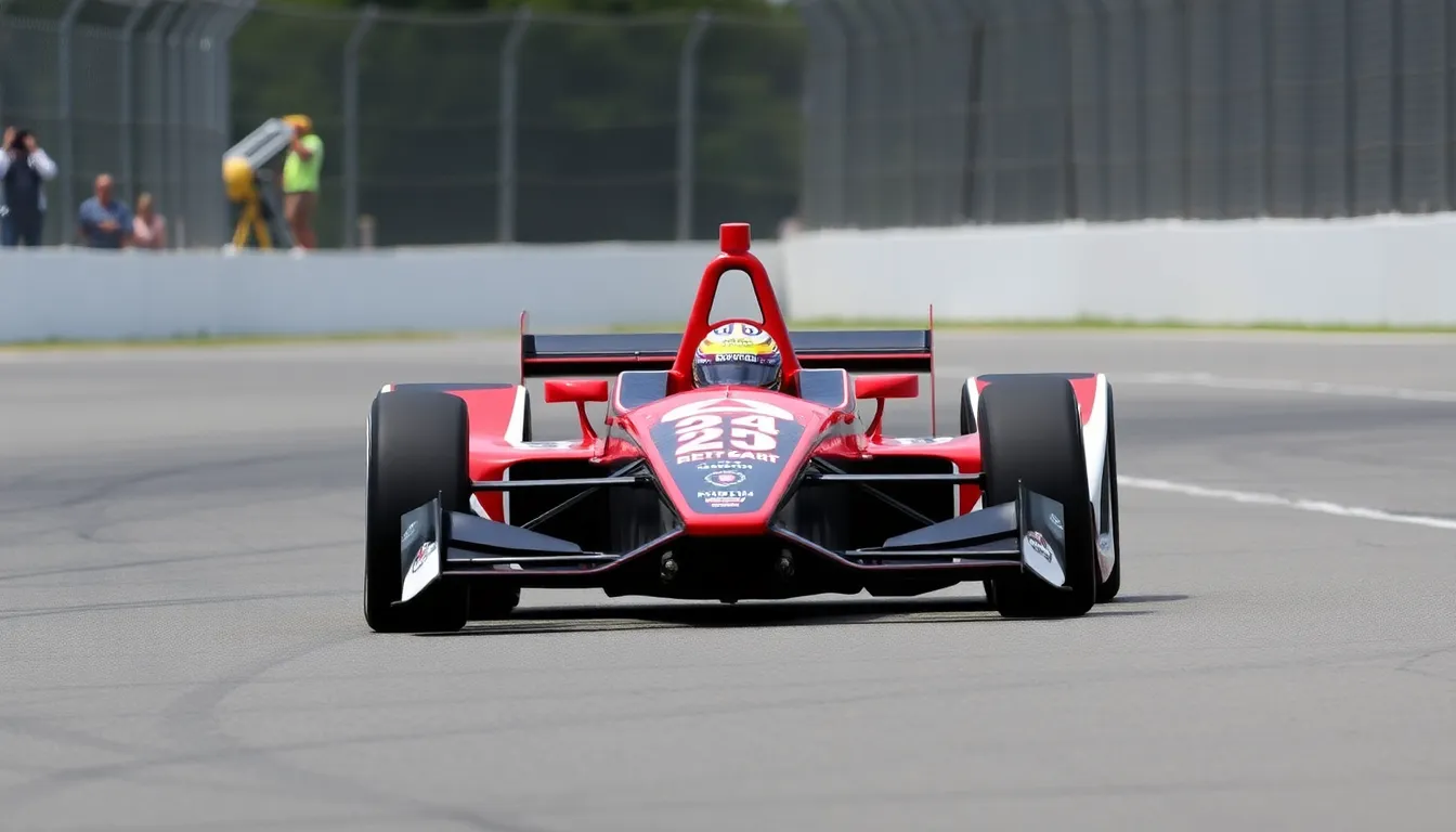 Marcus Armstrong celebrates after clocking the fastest lap during Day 2 of the IndyCar testing at Sebring, while Mick Schumacher reviews data with his team in the background.
