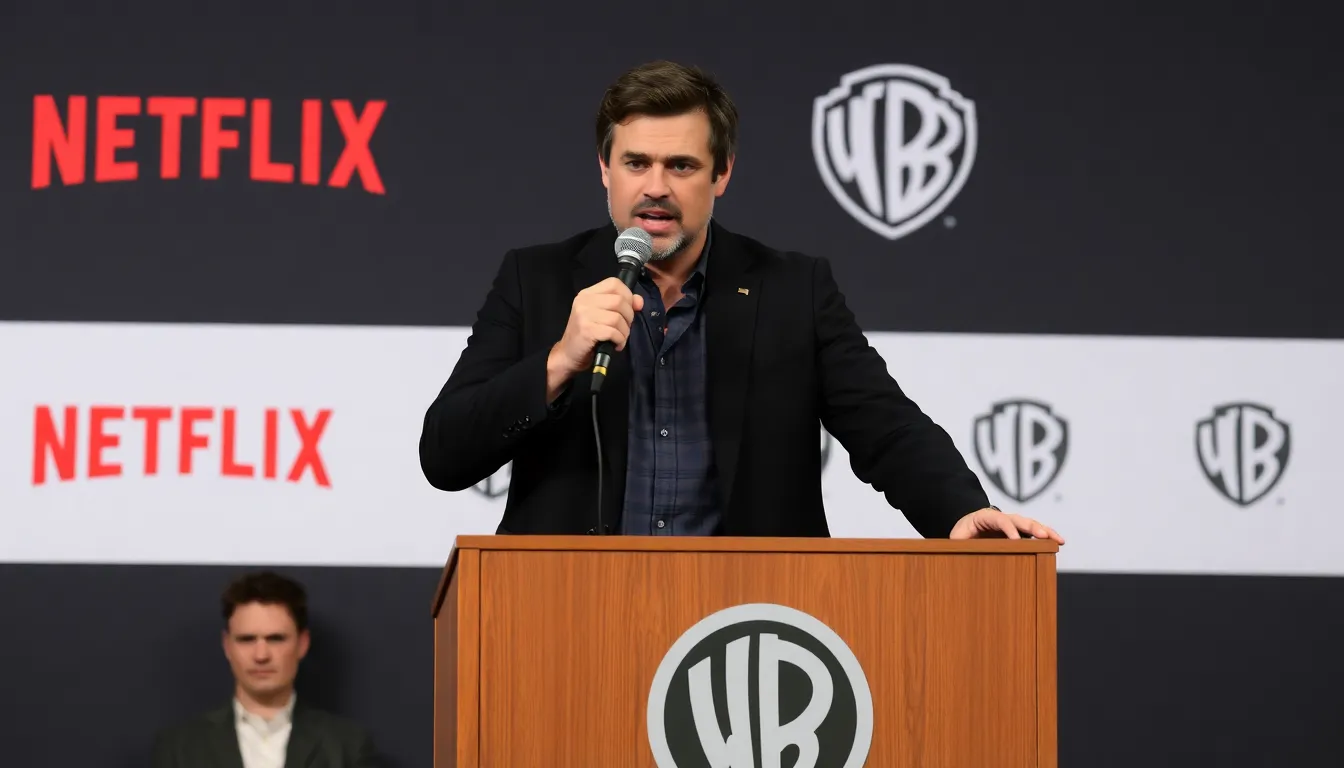 Mark Ruffalo gestures while speaking at a press conference, responding to James Cameron's criticisms of the NetflixWarner Bros deal, with a backdrop of reporters and cameras capturing the moment.