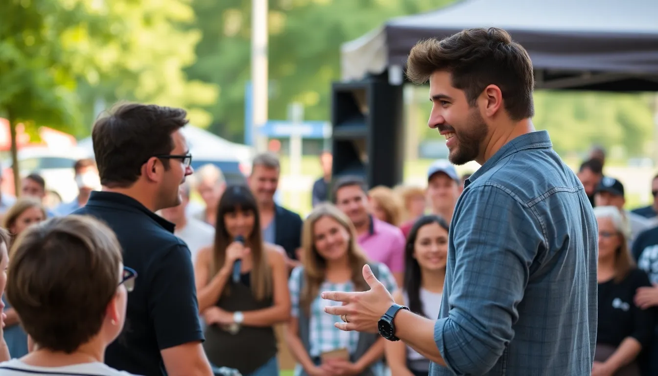 Amini sharing a lighthearted moment during a live performance, highlighting the significance of representation in comedy while addressing themes related to the immigrant experience