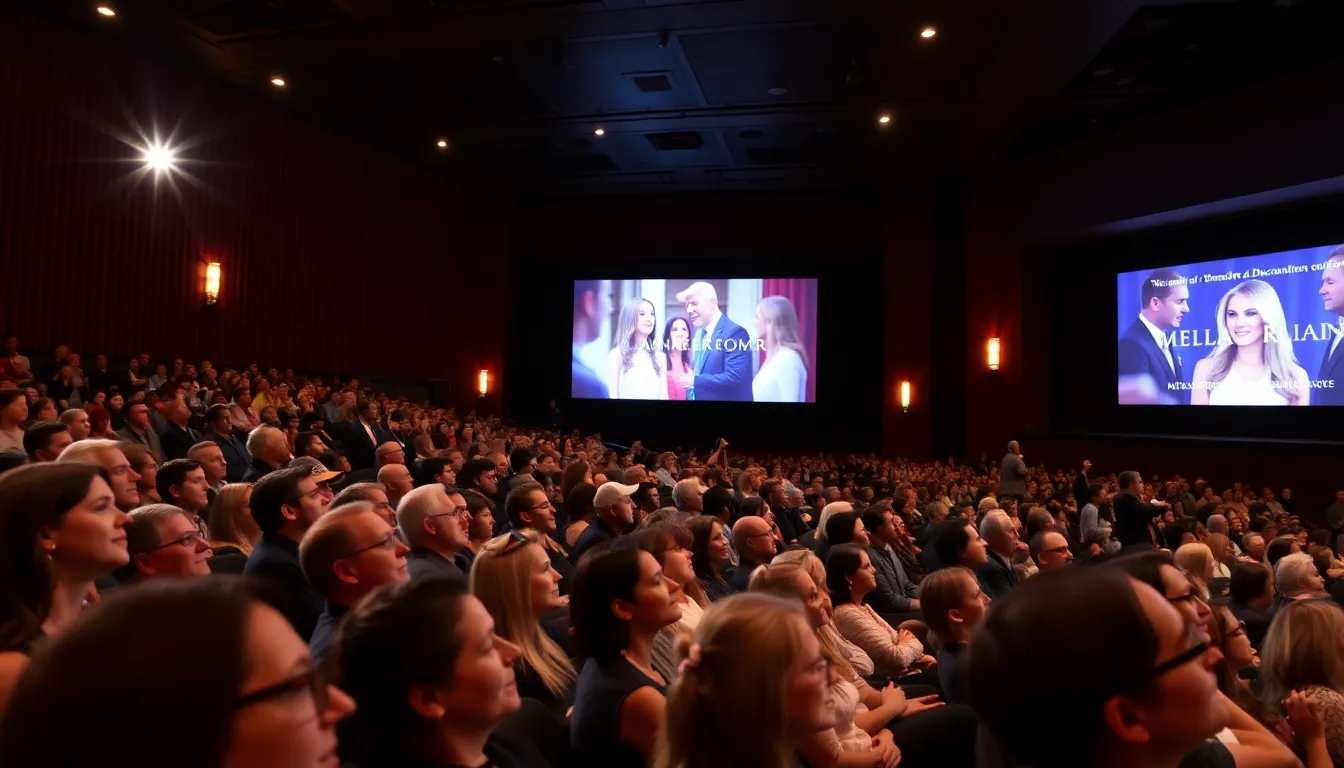 Melania Trump stands on stage, smiling and waving to an enthusiastic audience during the premiere event of her documentary.