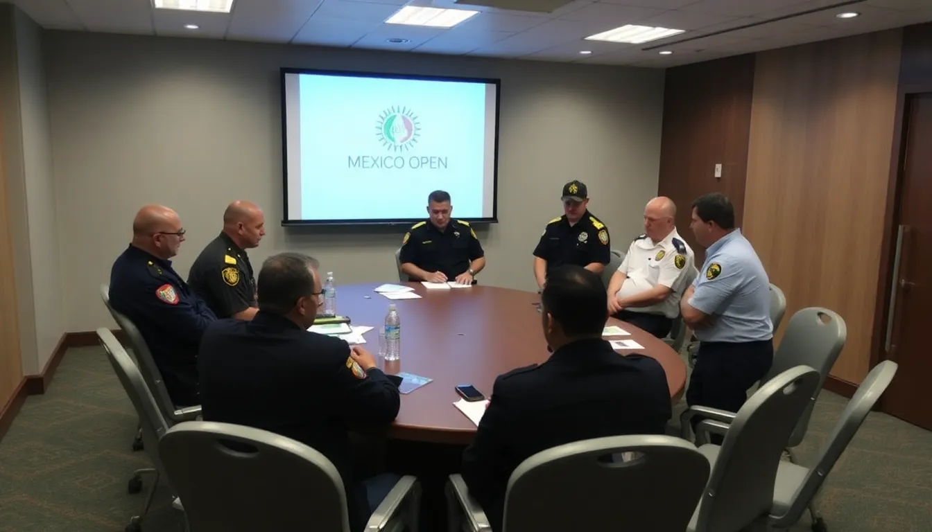 Local law enforcement officers enhancing security around the tournament venue, ensuring the safety of participants and attendees