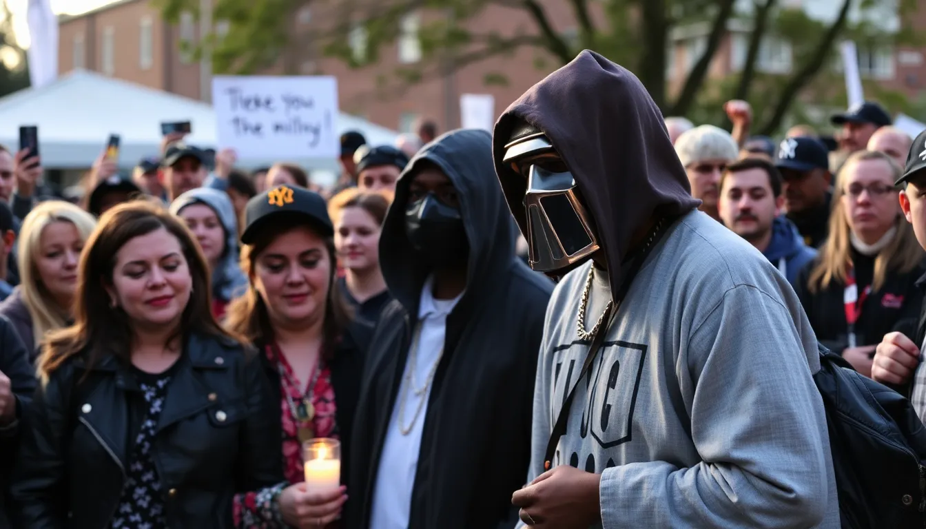 A group of fans gathers outside a West Yorkshire venue, holding candles and wearing masks in tribute to MF Doom, celebrating his influence on hiphop music.