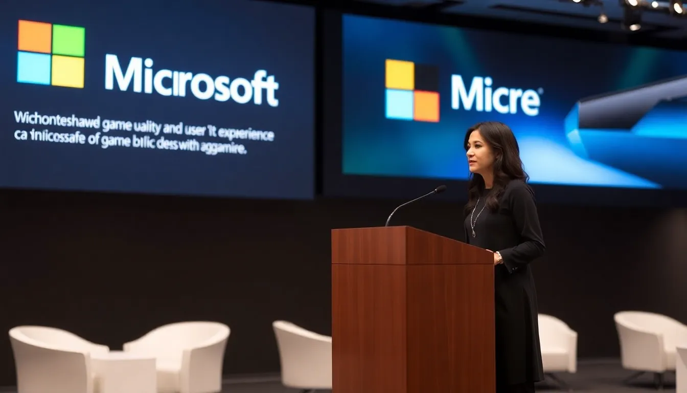 Asha Sharma, the new CEO of Microsoft Gaming, speaks at a podium during her introductory press conference, outlining her vision for innovative gaming and ethical AI practices.