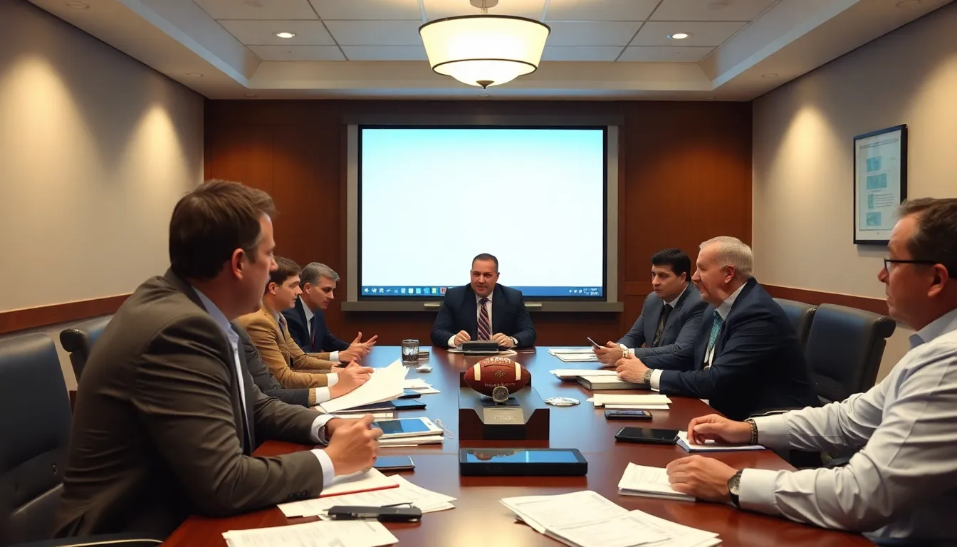 A group of university athletic directors gathered around a conference table, deliberating the potential implications of MrBeast's spending pitch on college sports
