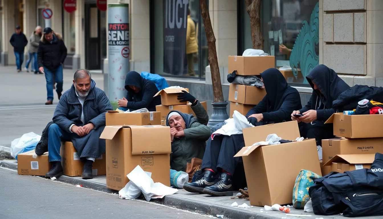 A poignant scene of a homeless individual sitting on a sidewalk, emphasizing the human impact of the ongoing homelessness crisis in the United States