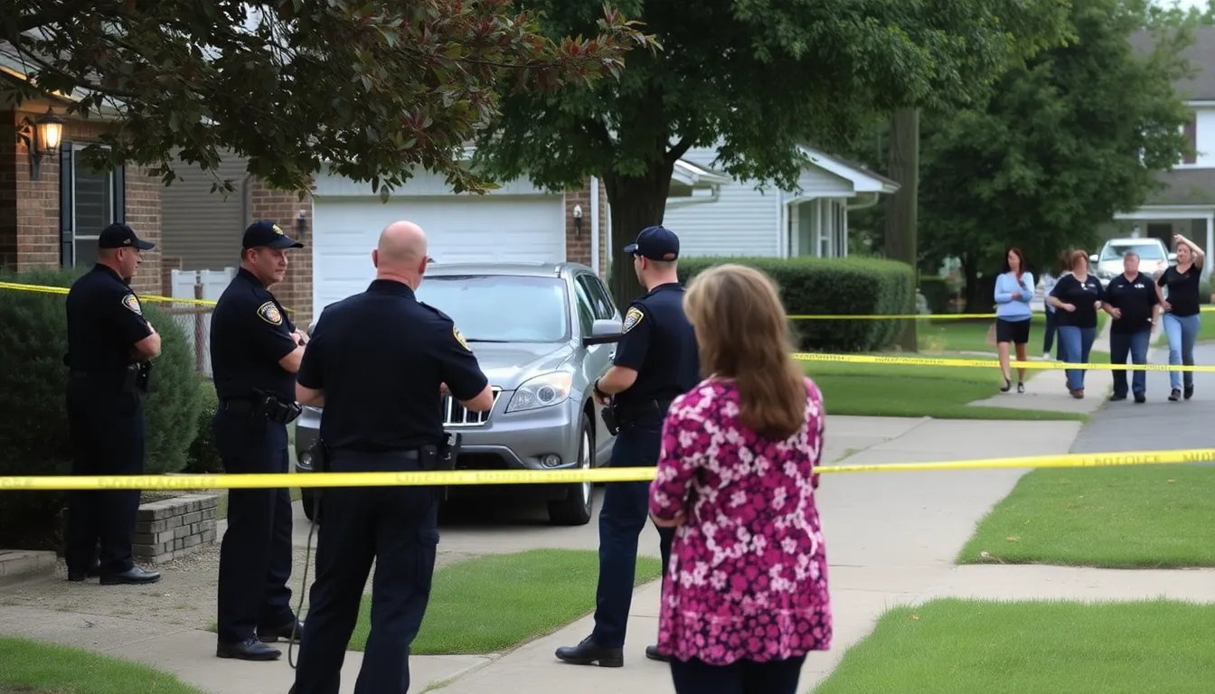 Law enforcement officials are seen conducting an investigation outside a house in a Nashville neighborhood, with police vehicles and officers present as residents watch from a distance.