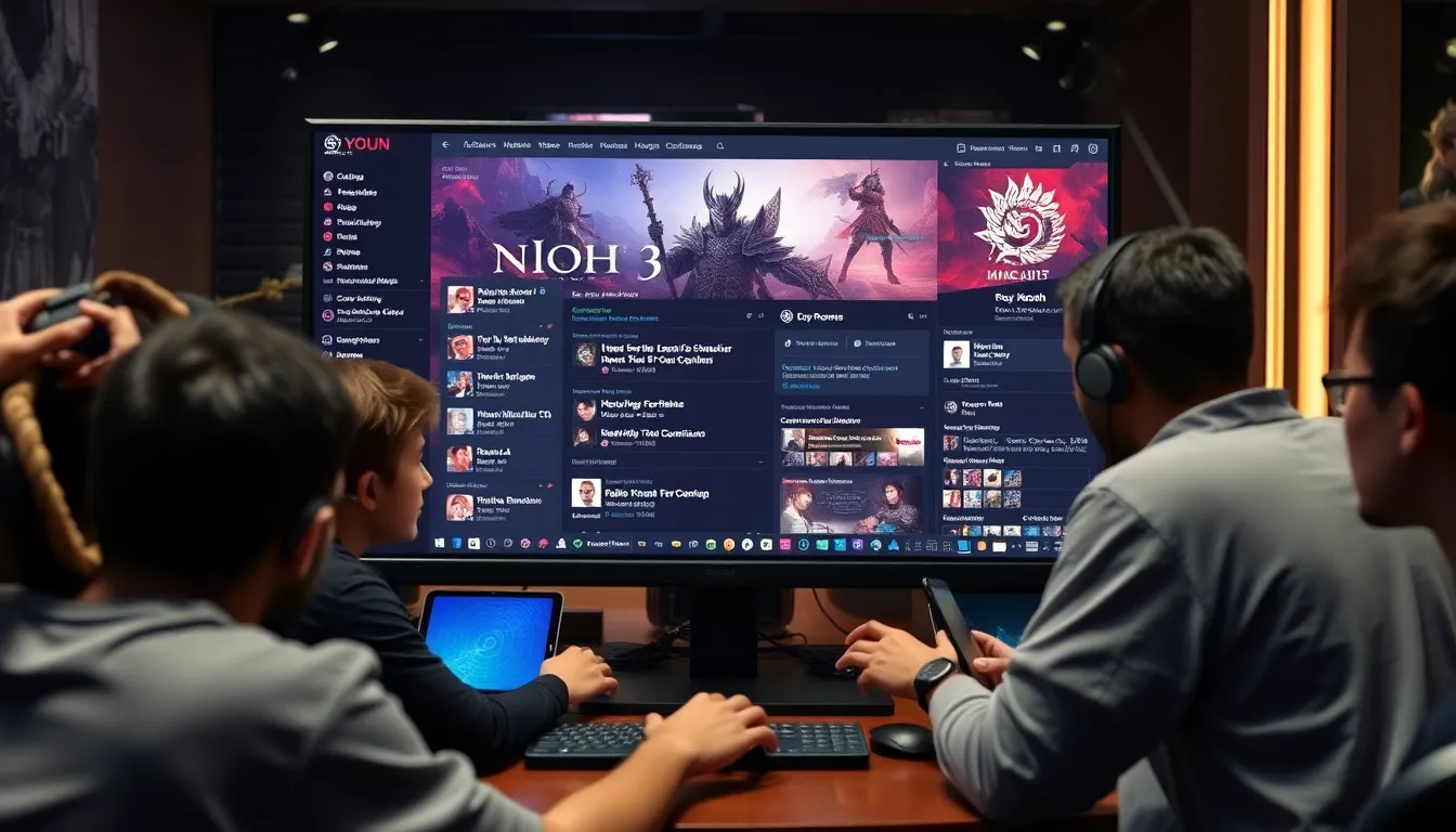 A group of gamers eagerly discusses strategies for completing Nioh 3 at a gaming convention, surrounded by promotional banners and merchandise related to the game.