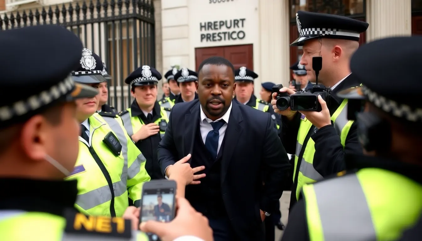 Noel Clarke is being led away by police officers outside a building, surrounded by media personnel capturing the moment.