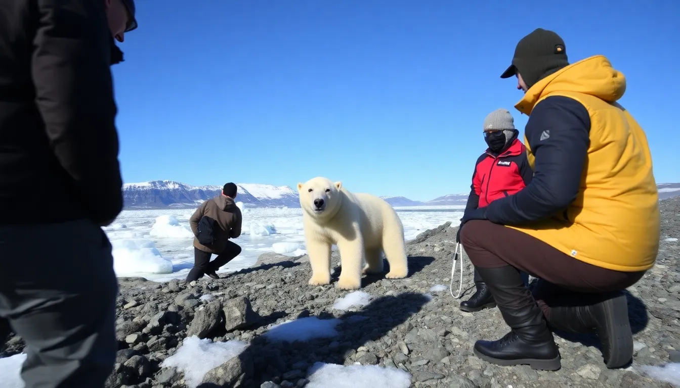 ホッキョクグマが生息するノルウェーの島々の風景を背景に、健康状態を保つために新たな狩猟方法を試みているクマの様子