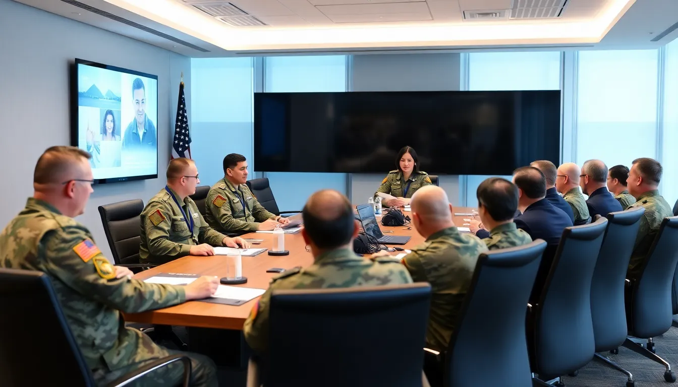 A group of military officials from various countries gathers at a conference table, discussing nuclear arms control and modernization efforts amid rising global tensions.